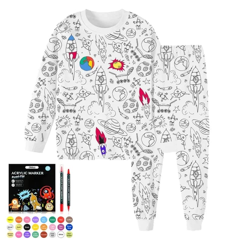 Colorable Two Piece Pajama Set for Children Color Your Own Handcraft Pyjamas Kids DIY Coloring Kit Creativity Party Pajama